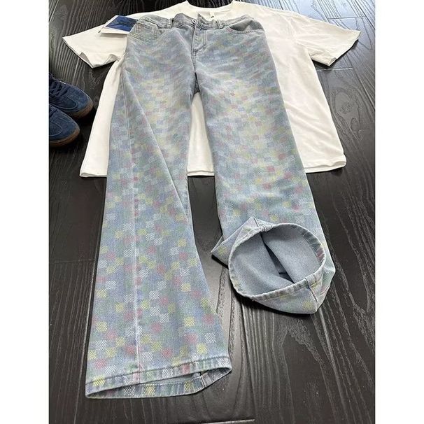 American Retro Color Plaid Jeans Men's High Street Washed Niche Design Vibe Thin Straight And Micro-pull Pants_mkmklike.com