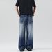 Men's Dark Blue Washed Whiskered A Line Straight Leg Jeans Unisex Versatile Couple Pants_mkmklike.com