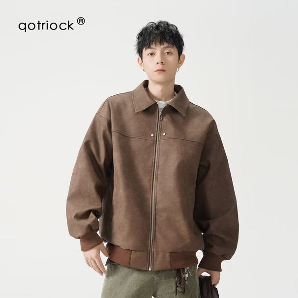 American Retro PU Leather Men, Loose Fit, High Street Style, Melard Collar, Baseball Jacket, Couple's Jacket For Spring_mkmklike.com
