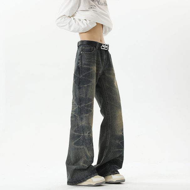 Lightning-pattern Flared Jeans For Men, Spring/summer, American High Street Style, Trendy Design, Eye-catching, Loose_mkmklike.com