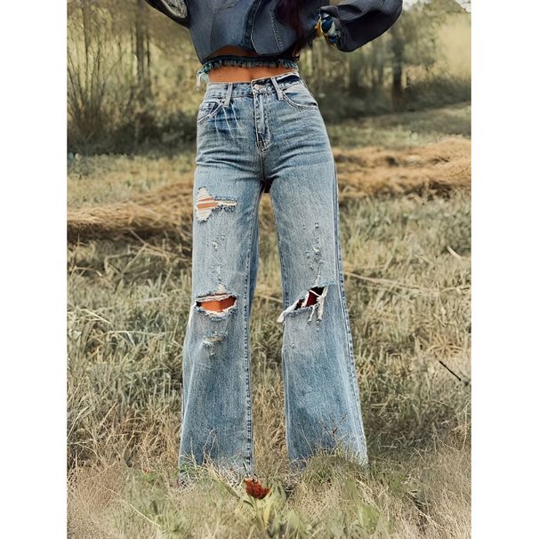 ripped Straight Jeans Standard Women's Casual Street Style Washed Denim_mkmklike.com