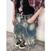New American Retro Lightning Pattern Denim Capri Pants 2025 Stylish Loose Fit Wide Leg Jeans for Men And Women_mkmklike.com