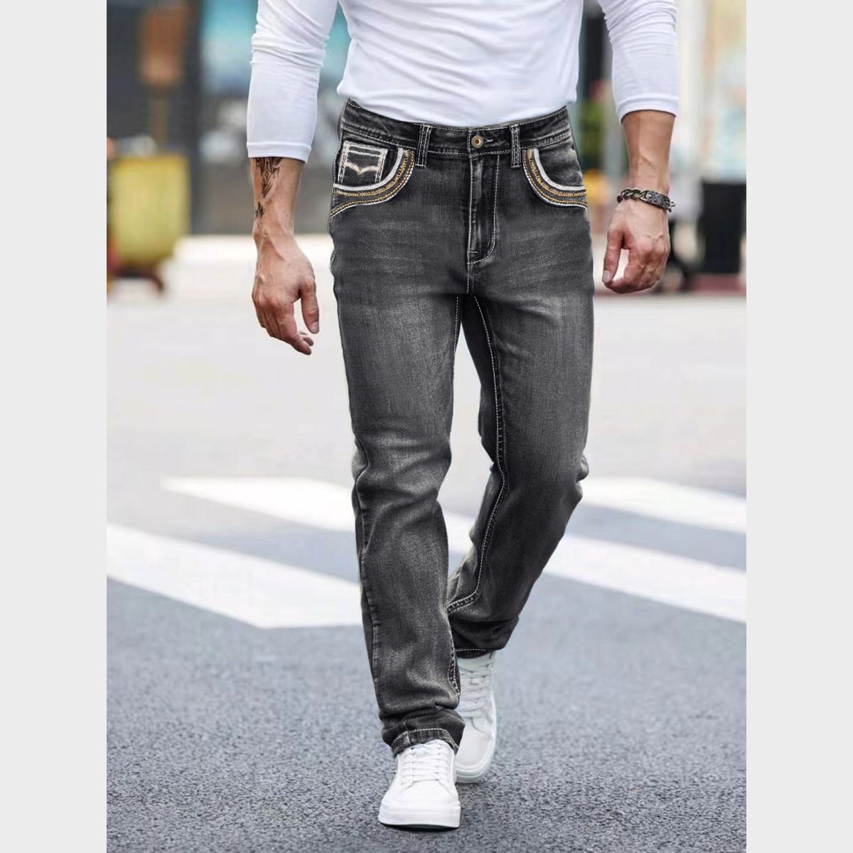 Men's Casual Embroidered Straight-Leg Jeans - High Elasticity, Lightweight & Breathable For All Seasons_mkmklike.com