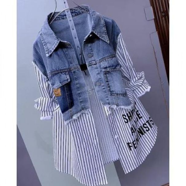 Fashionable Two-Tone Denim Shirt For Women - Stylish Layered Look With Striped & White Contrast Design - Casual Long Sleeve Blouse For Office_mkmklike.com