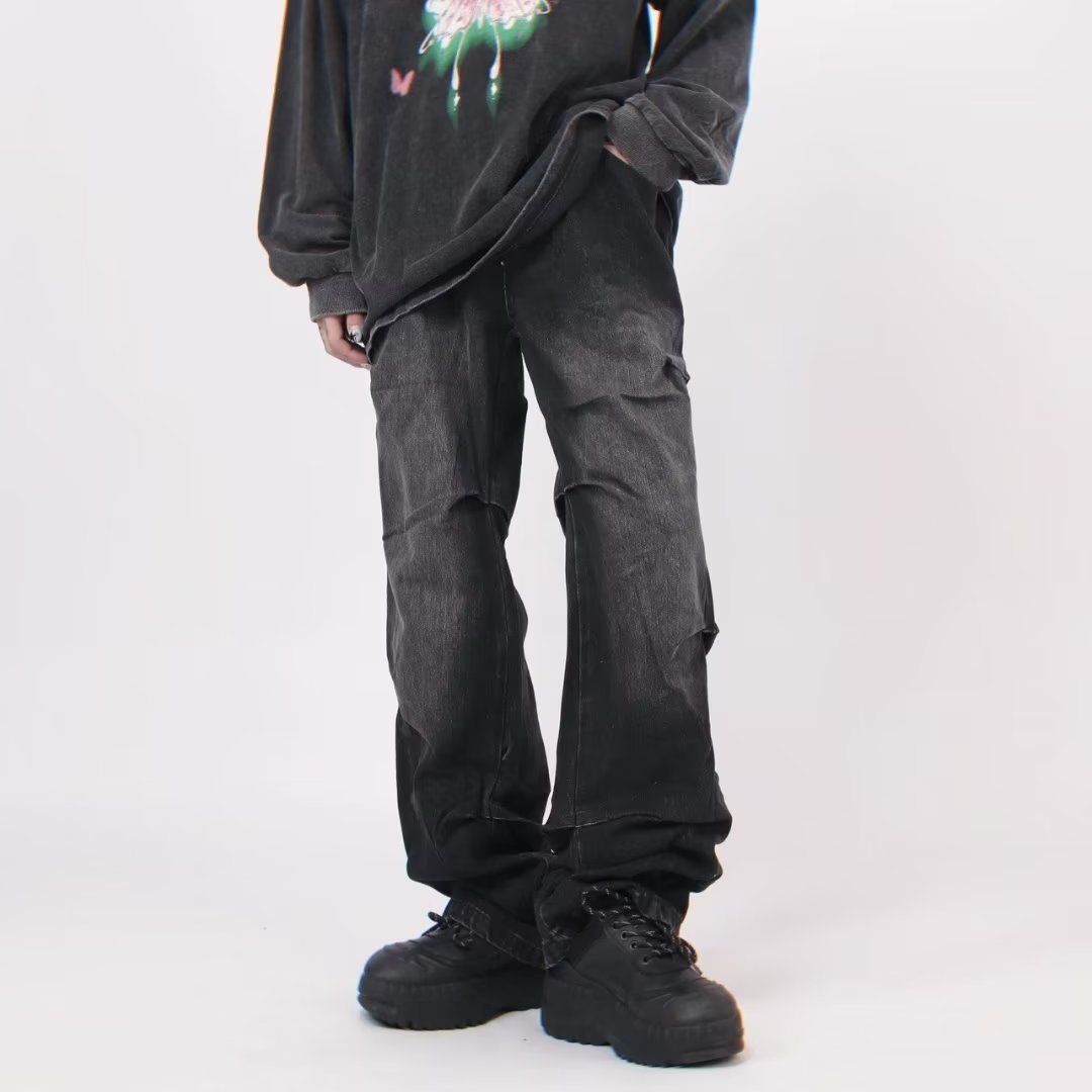 Men's Retro American Pleated Straight Leg Jeans Trendy High Street Style Slimming Distressed Washed Trousers_mkmklike.com