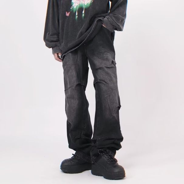 Men's Retro American Pleated Straight Leg Jeans Trendy High Street Style Slimming Distressed Washed Trousers_mkmklike.com