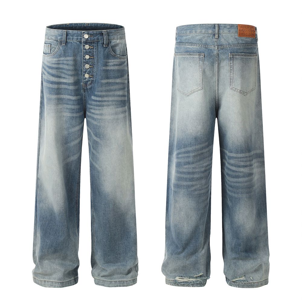 Gradient Washed Denim Wide-Leg Men's Trendy Punk Vintage Button Front Design Ripped Loose Straight Pants_mkmklike.com