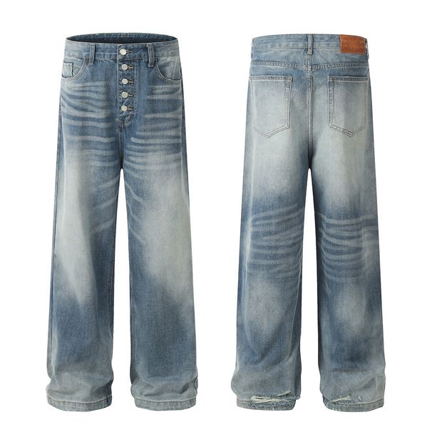 Gradient Washed Denim Wide-Leg Men's Trendy Punk Vintage Button Front Design Ripped Loose Straight Pants_mkmklike.com
