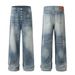 Gradient Washed Denim Wide-Leg Men's Trendy Punk Vintage Button Front Design Ripped Loose Straight Pants_mkmklike.com