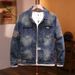Autumn Winter New Worn Motorcycle Denim Fashionable And Trendy Brand Lapel Scraped Long Sleeved Jacket For Men_mkmklike.com