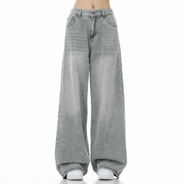 "Men's Distressed Wide Leg Jeans – Loose Fit Washed Denim Trousers For Casual Streetwear (S-3XL, Smoke Gray)"_mkmklike.com