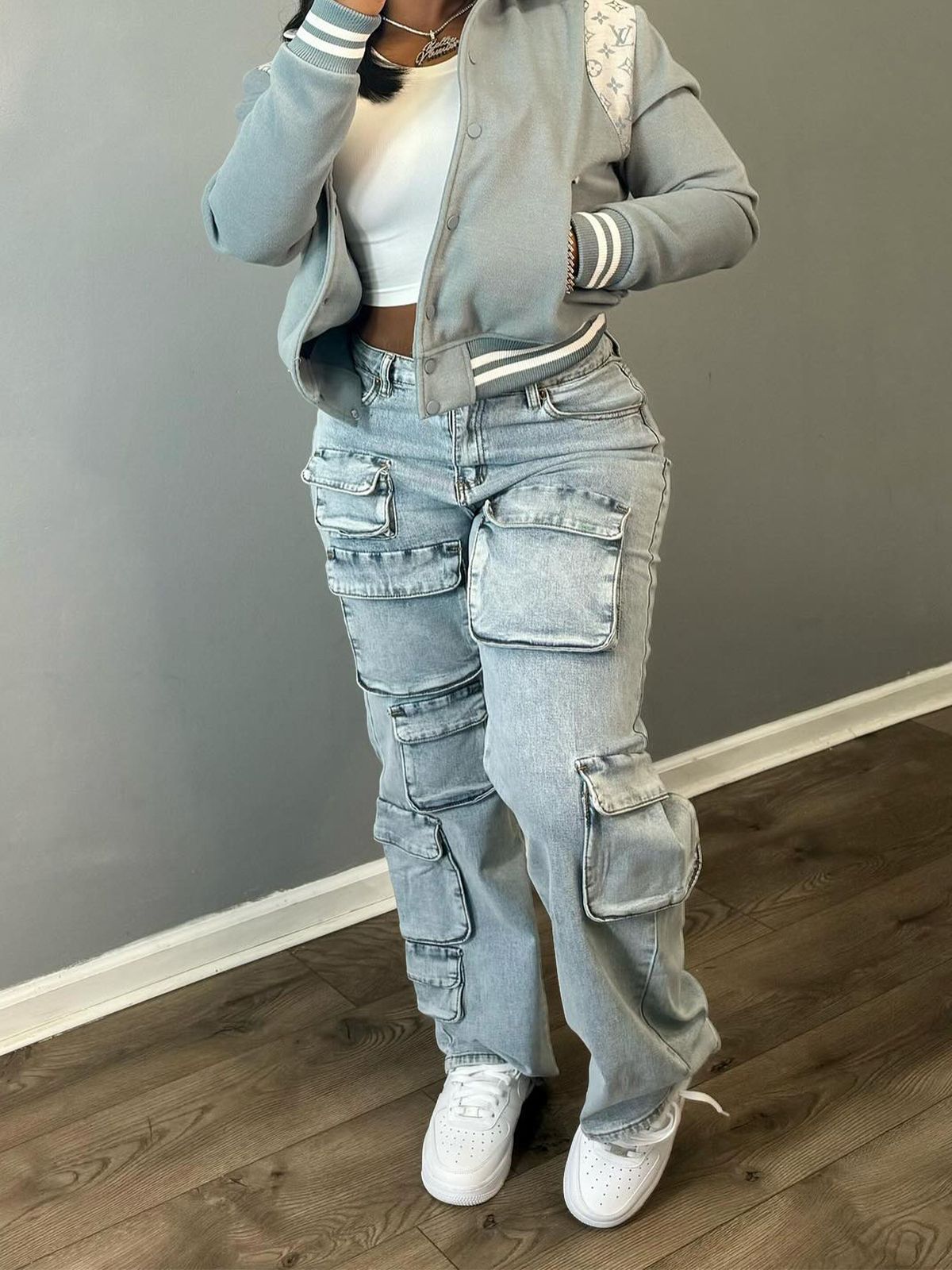 Women's Clothing Stretch Denim Fabric Trousers Fashion Three Dimensional Multi Pocket Workwear Style Clothing_mkmklike.com