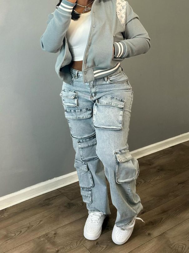Women's Clothing Stretch Denim Fabric Trousers Fashion Three Dimensional Multi Pocket Workwear Style Clothing_mkmklike.com