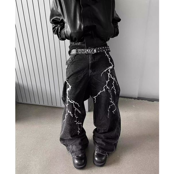 Men's Clothing Retro Niche Washed Lightning Pattern Embroidered Jeans For Men And Women High Street Hip Hop Loose Straight Casual Trousers_mkmklike.com