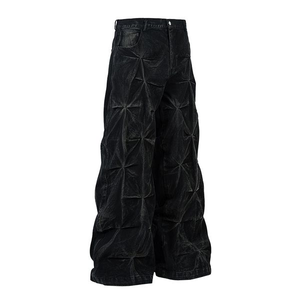 Men's American Retro Washed Denim Jeans High Street Style Loose Wide Leg Straight Leg Floor Length Trousers Black Blue Cotton_mkmklike.com