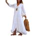 Women's Clothing Solid V-Neck Long Sleeve Bohemian Cotton Hemp Dress_mkmklike.com