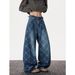 Unisex Vintage Indigo Houndstooth Blade Jeans - 90s Retro Wide-Leg Streetwear Pants With Asymmetrical Cuts_mkmklike.com