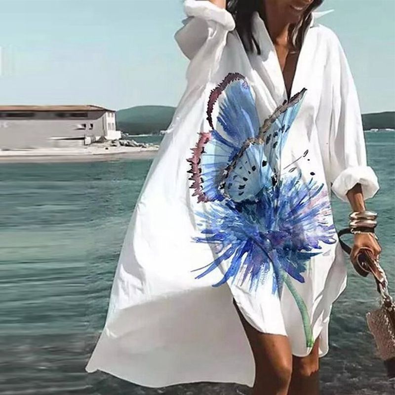 Women's Clothing Cotton Liner Loose Polo Long Sleeve Bohemian Print Dress_mkmklike.com
