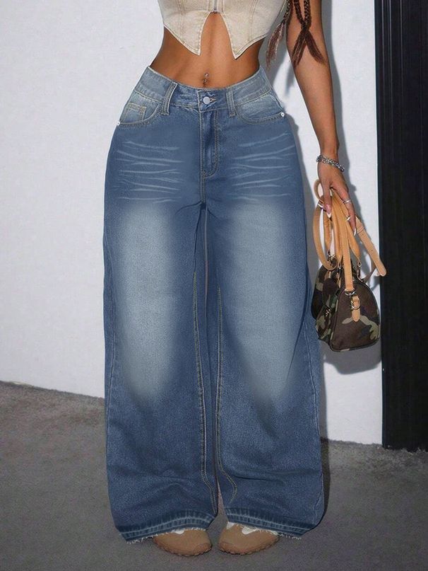 Women's Raw Edge Design Loose Wide Leg Jeans Denim Pants Casual Trousers_mkmklike.com