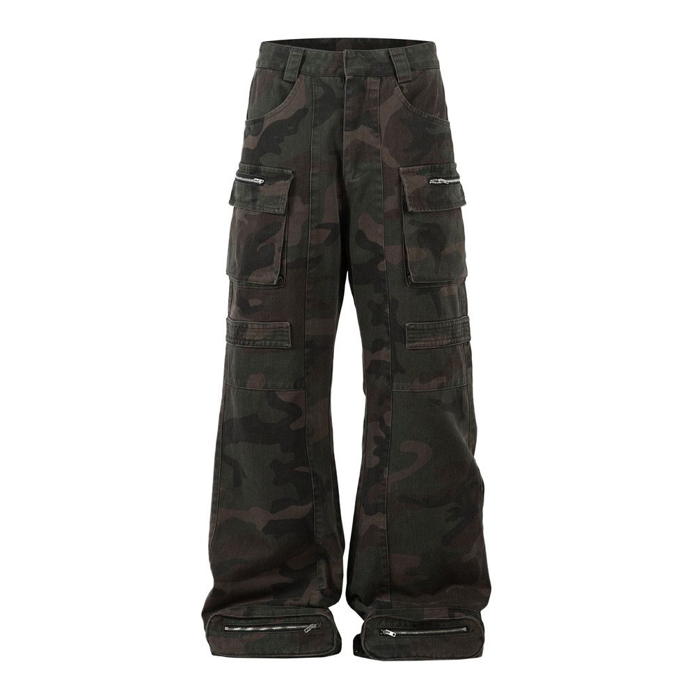 American High Street Workwear Camouflage Loose Wide-Leg Men's With Zipper Pockets Unique Design Niche Denim Straight-Leg_mkmklike.com