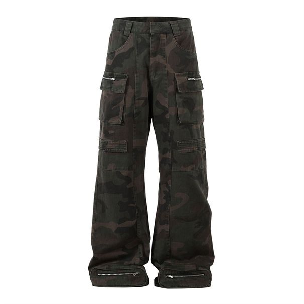 American High Street Workwear Camouflage Loose Wide-Leg Men's With Zipper Pockets Unique Design Niche Denim Straight-Leg_mkmklike.com