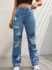 Distressed Butterfly Print High Waist Straight Leg Jeans For Women - Fashion Denim Pants With Contrast Stitching, Comfort Stretch Fit_mkmklike.com