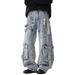 Men's Clothing Men's Distressed Cargo Jeans - Oversized Streetwear Denim Pants With Multi-Pockets & Patchwork Design (Blue/Vintage Blue)_mkmklike.com