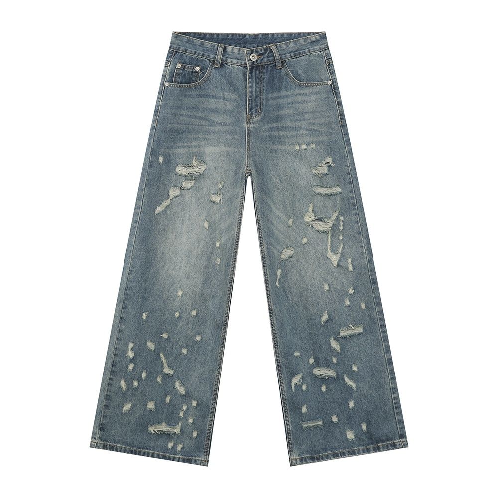 Pure MTLCLOTHES Men's Clothing | Unique Irregular Frayed Vintage Distressed Design Fashion High Street Straight-Leg Jeans_mkmklike.com