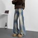 Men's Washed Denim Jeans High Street Vibe Retro Distressed Dirtyfit Slightly Flared Wide Leg Pants Mid Waist Black Gray_mkmklike.com