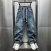Men's Casual Loose Fit Denim Jeans With Contrast Stitching Straight Leg Wide Trousers For Spring Fashion_mkmklike.com