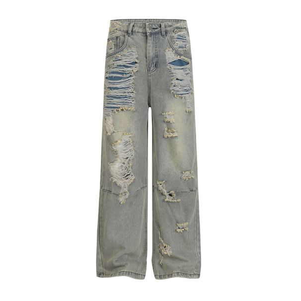 American High Street Design Sense Washed Ripped Jeans Men's Loose Straight Trendy Brand Fried Street Beggar Micro-pull Pants_mkmklike.com