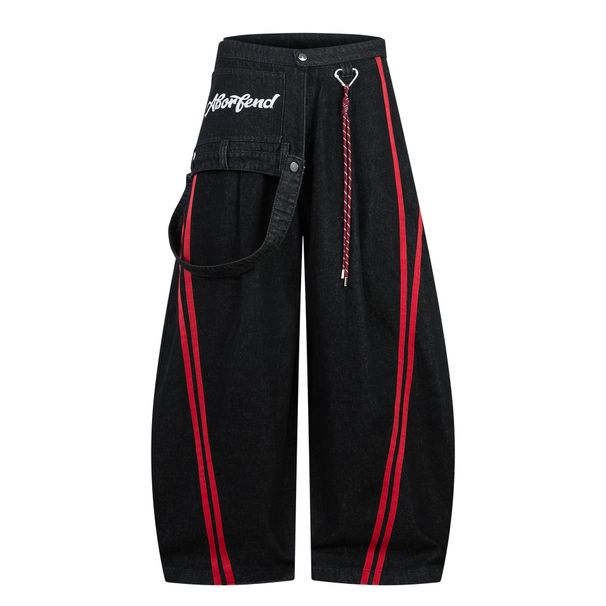 Retro Stripe Patchwork Jeans – Unisex Distressed Denim Pants With Asymmetrical Design (S-XL) – Baggy Streetwear Pants For Hip-Hop & Y2K Fashion_mkmklike.com