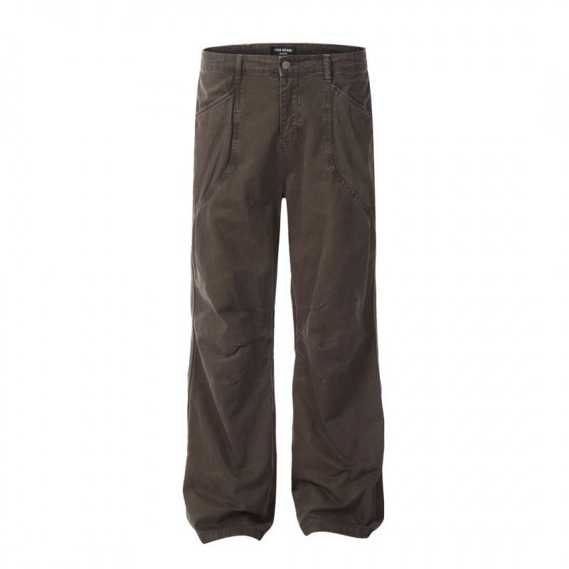Men's Streetwear Vintage Washed Straight Leg Denim Pants - High Waist, Loose Fit (Brown/Light Khaki, S-XXL)_mkmklike.com