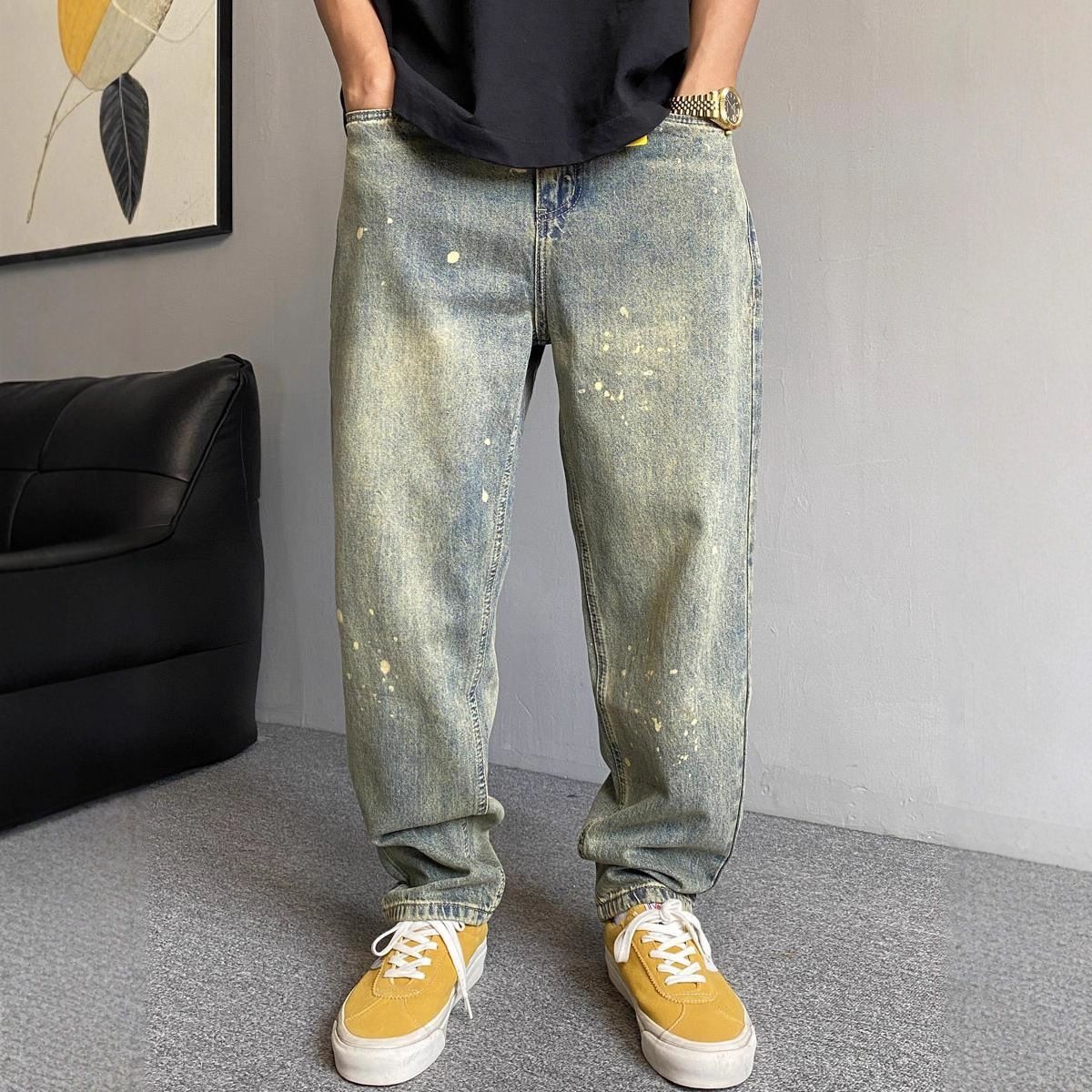 "Men's Vintage Washed Distressed Jeans – Loose Fit Straight Leg Tapered Denim Pants With Splatter Paint Design"_mkmklike.com