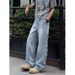 Men's Ripped Jeans High End Feel Loose Wide Leg Straight Long Pants Cool Casual Summer Style Reverse Closure_mkmklike.com