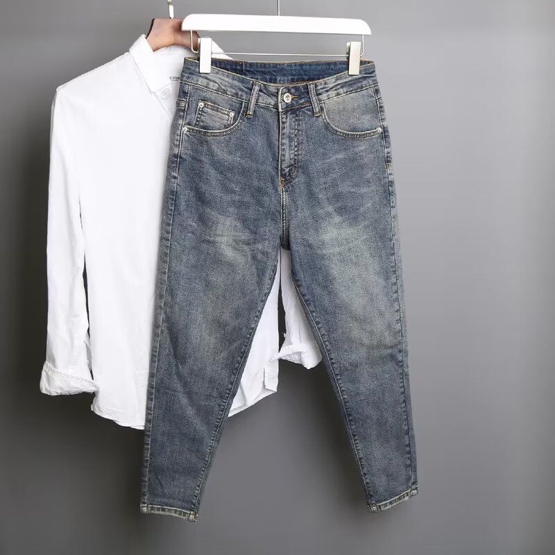 Men's Slim Fit Stretch Denim Jeans - 9/10 Length Straight Leg Casual Pants For Spring Summer - Vintage Wash Blue Jeans With Comfortable_mkmklike.com