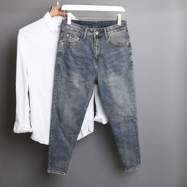 Men's Slim Fit Stretch Denim Jeans - 9/10 Length Straight Leg Casual Pants For Spring Summer - Vintage Wash Blue Jeans With Comfortable_mkmklike.com