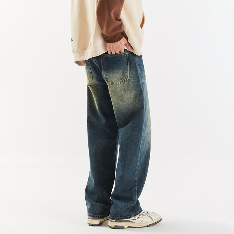 Nordmann American Style Workwear Jeans For Men With Belt Trendy Retro Loose Straight High Street Versatile Cool Washed Long Pants_mkmklike.com
