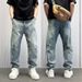 Men's Heavyweight Retro Distressed Denim Jeans Casual Straight Leg Loose Wide Leg Pants Trendy Autumn Fashion_mkmklike.com