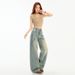 American High Street Retro Wide-leg Pants For Trendy Girls, Loose And Drapey, Distressed, Floor-length Women's Trousers,_mkmklike.com