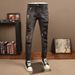Men's Distressed Black/Gray Slim Fit Jeans – Stretch Denim With Ripped & Patched Details, Straight Leg Casual Pants_mkmklike.com