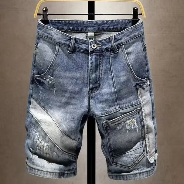 Men's Retro Washed Ripped Patch Denim Shorts Loose Straight Leg Casual Summer Pants American Style Five Point_mkmklike.com