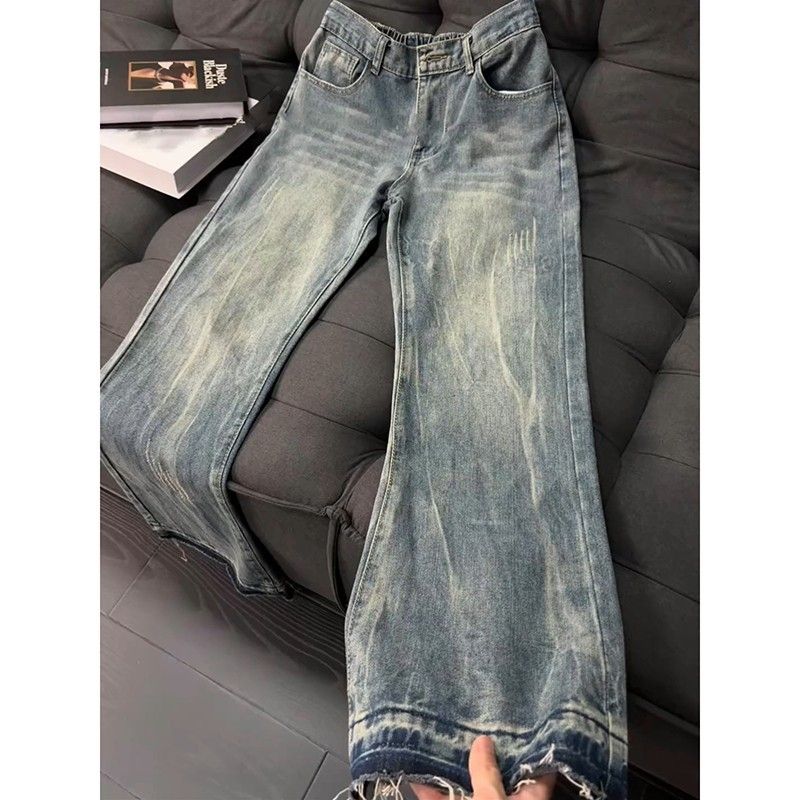 Men's Retro American Cat Scratch Jeans Slim Fit High Street Straight Trousers Summer Thin Cleanfit Flared Jeans Blue Cotton_mkmklike.com