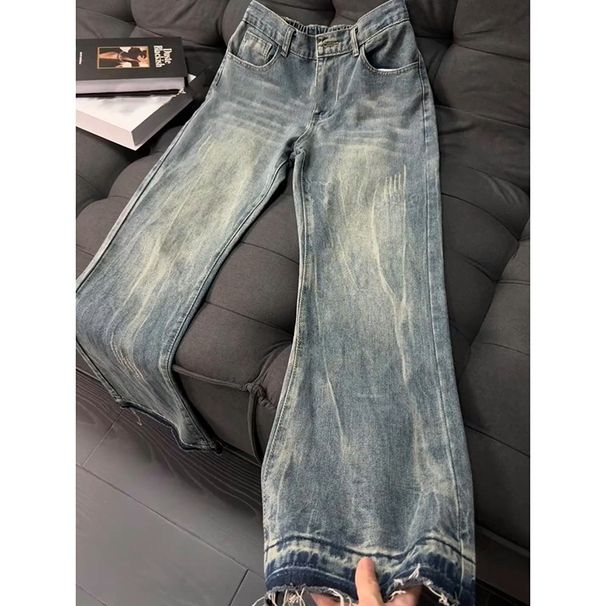Men's Retro American Cat Scratch Jeans Slim Fit High Street Straight Trousers Summer Thin Cleanfit Flared Jeans Blue Cotton_mkmklike.com
