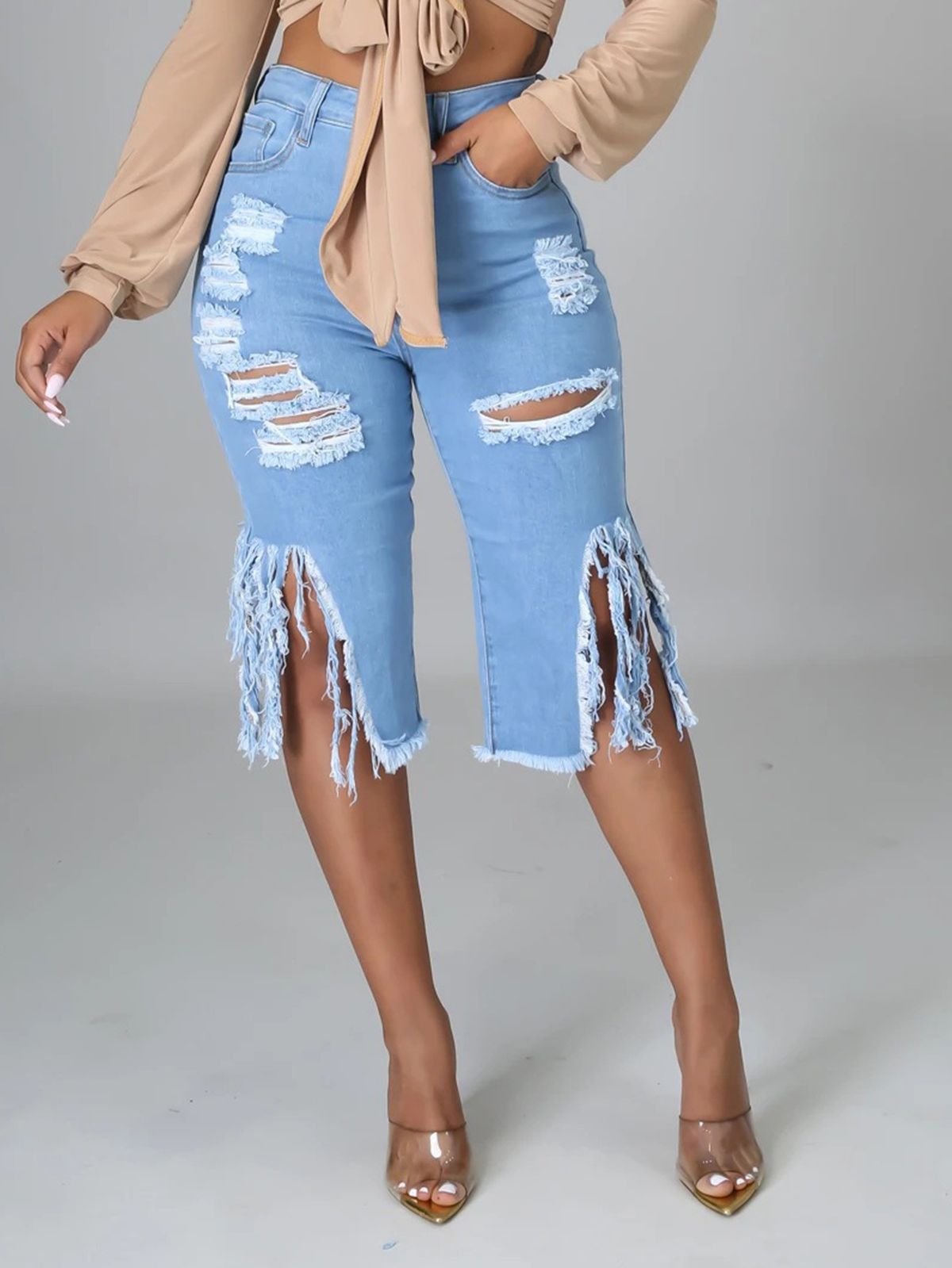 K New Tassel Elastic Ripped Jeans For Women, Mid Length Pants_mkmklike.com
