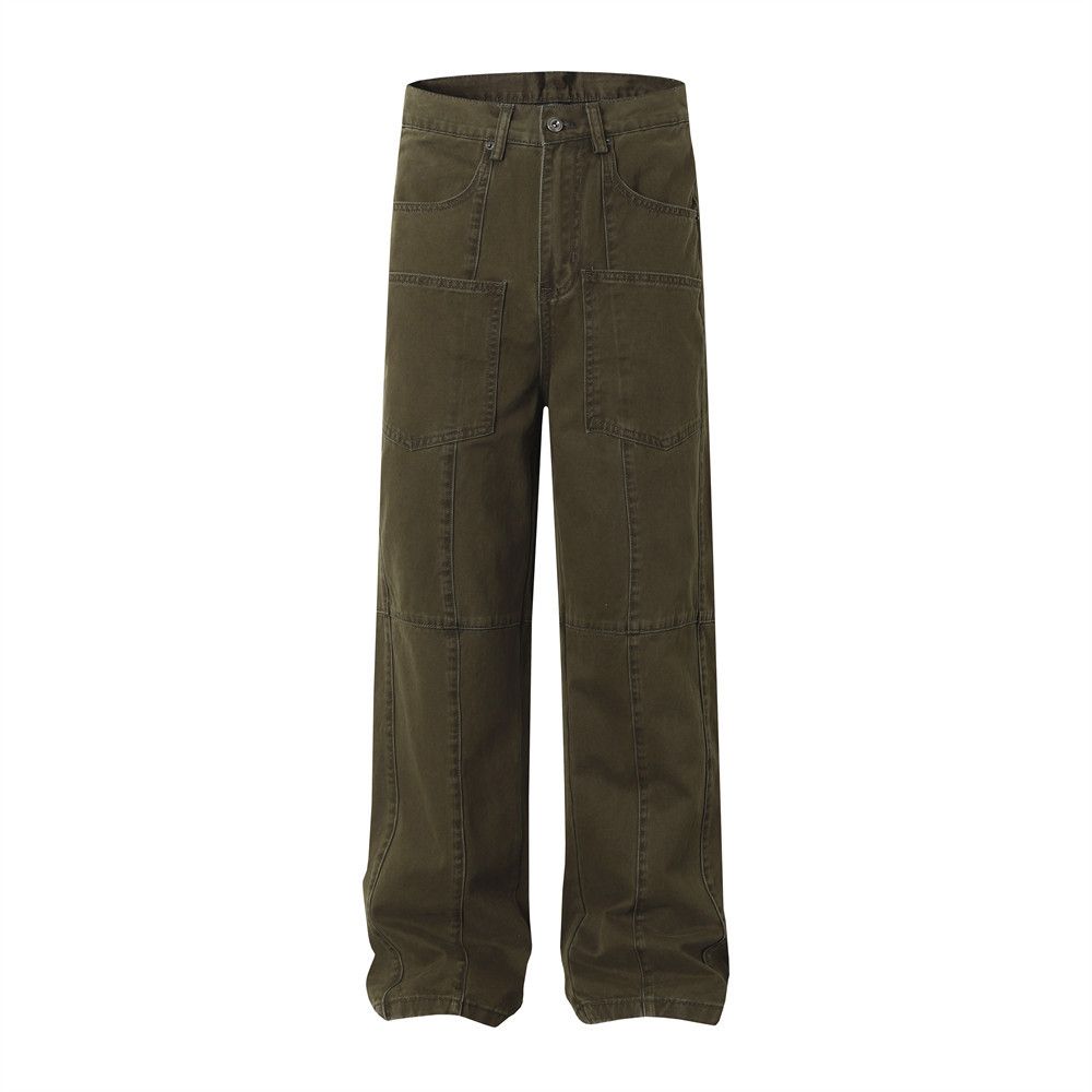 American High Street Solid Color Cargo Long Men's Vibe Trendy Brand Heavy Industry Split Deconstructed Spliced Denim_mkmklike.com