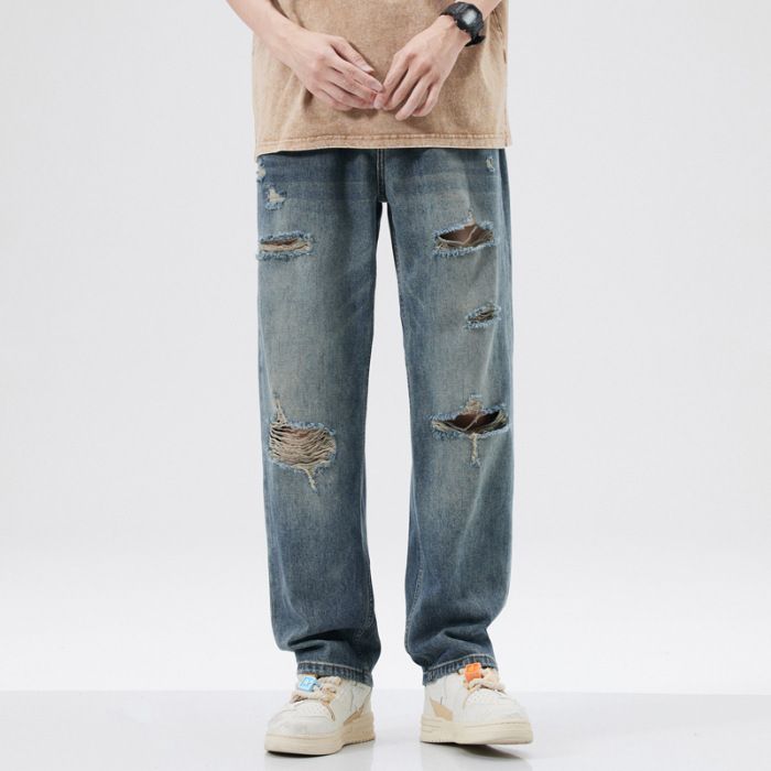 Men's Clothing New Retro Washed Hole Jeans Men's Casual Versatile Loose Straight Wide Leg Pants Handsome Style_mkmklike.com