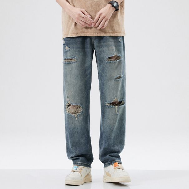 Men's Clothing New Retro Washed Hole Jeans Men's Casual Versatile Loose Straight Wide Leg Pants Handsome Style_mkmklike.com