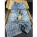 Men's Blue Plaid Straight Leg Loose Fitting Jeans High Street Style Slimming Casual Slightly Flared Trendy Cool_mkmklike.com