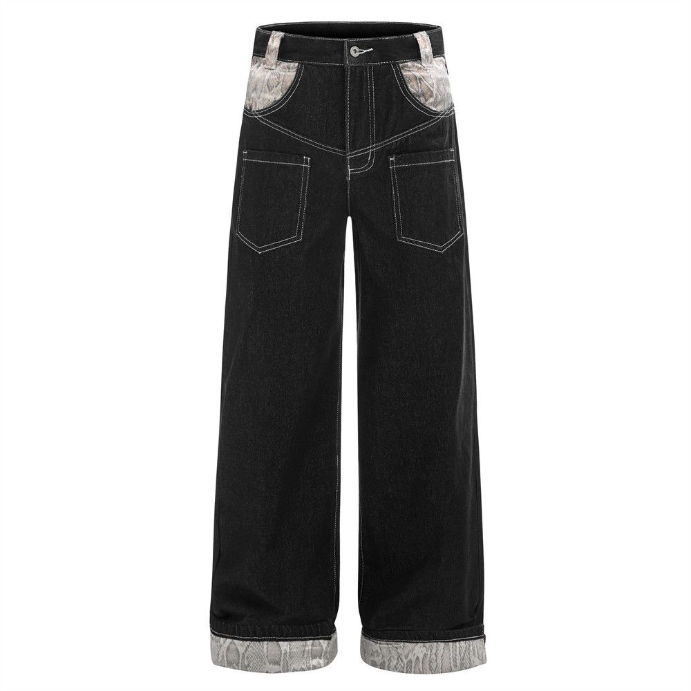 Reverse-Wear Design Sense Niche Straight-Leg Denim Trendy Men's Snake Pattern Color-Block Cuffed Cargo Pants_mkmklike.com